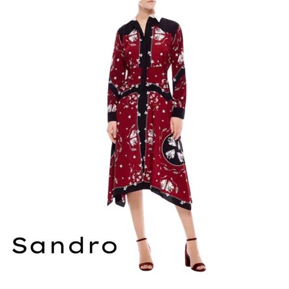 ✨2X HOST PICK✨ SANDRO ROSA SHIRT DRESS BURGUNDY & BLACK LION PRINT - EU SIZE 36 - Picture 1 of 5